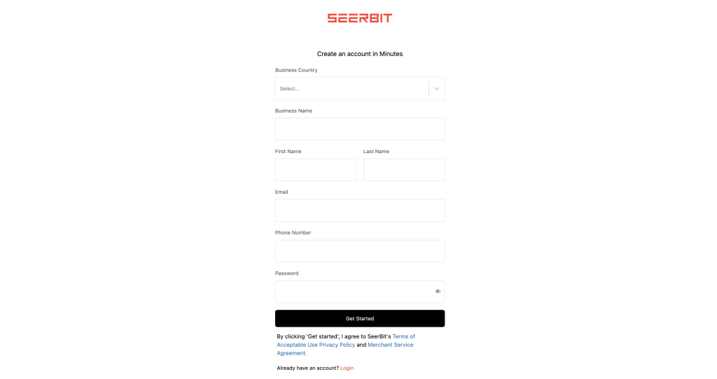 SeerBit Log in form screenshot